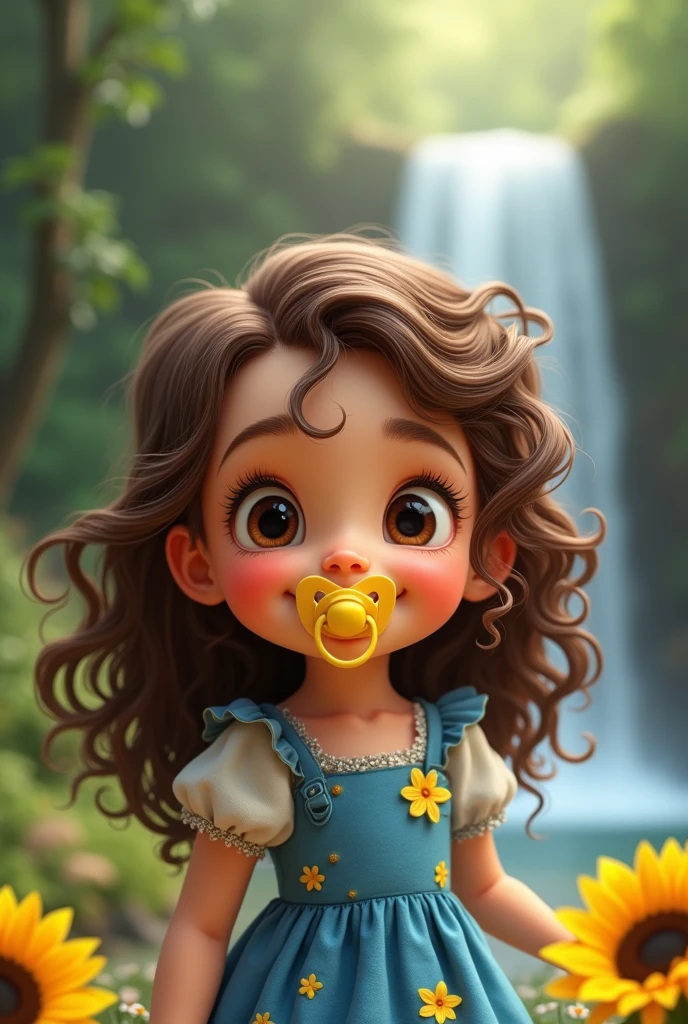Create a realistic image of a happy smiling child, one with long curly brown hair, with a small fringe under her forehead, big brown shiny eyes, wearing a blue dress with yellow flowers, in his mouth a yellow pacifier with a sunflower on the pacifier's scepter , in the background a smooth landscape of forest and waterfall