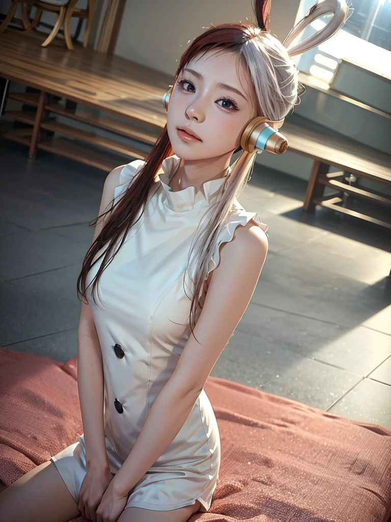 masterpiece Uta, one piece \(series\), Anime art style, masterpiece, Elegant white dress, Long red and white hair, One girl, alone, headphone, Red eyes, Looking at the audience, Beautiful Face, Detailed face, Mouth closed, Photo: Central body, elbow sleeve, Eyes visible through hair, Medium chest, V-shaped eyebrows, Detailed Background, Outdoor, Beach, null, (Super detailed), (8k, Complex), (85mm), Particles of light, Day, whole body, (Very detailed:1.2), (Gradation), SFW, colorful, (Detailed Background), (The rule of thirds_composition:1.3), (Course of action:1.2), Daylight, alone