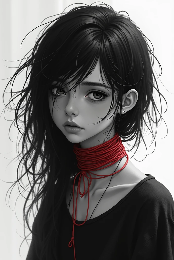 A sad teenage girl with a thin red thread around her neck choking her, all in black and white except the thread