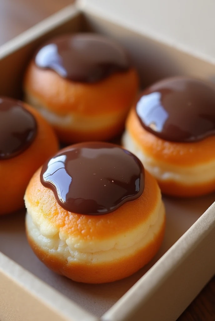 small mochi donut ball with melted chocolate topping , there is 5 in a box, the donut is ball shaped