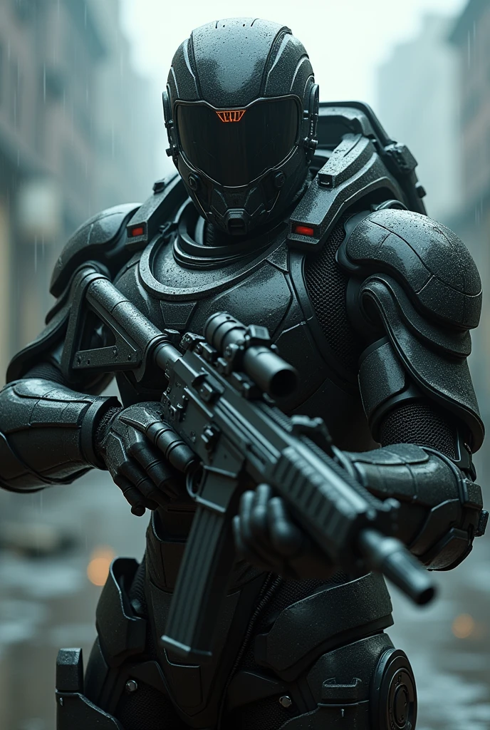 (photorealism:1.2), @Dawnwesker6896 as supervillain wearing hi-tech mecha suit, Shinji Aramaki's starship trooper suit style, detailed armor, tactical pose, close up, portrait, dynamic pose, Starship Trooper rifle, foggy background, rainy abandoned city, (realistic:1.2), masterpiece, dark souls style. 