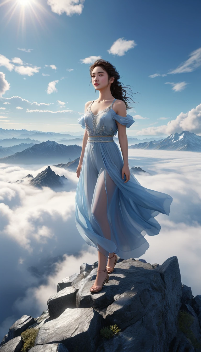 (Highly detailed CG Unity 8k wallpaper、masterpiece、of the highest quality、Super detailed)、(better lighting、best shadow、very delicate and beautiful)、of the highest quality、8k、Detailed facial representation、masterpiece、of the highest quality、clear image quality、
standing on top of a mountain、The sea of clouds is a mountain々Let me'Take time-lapse photos of the crowd。