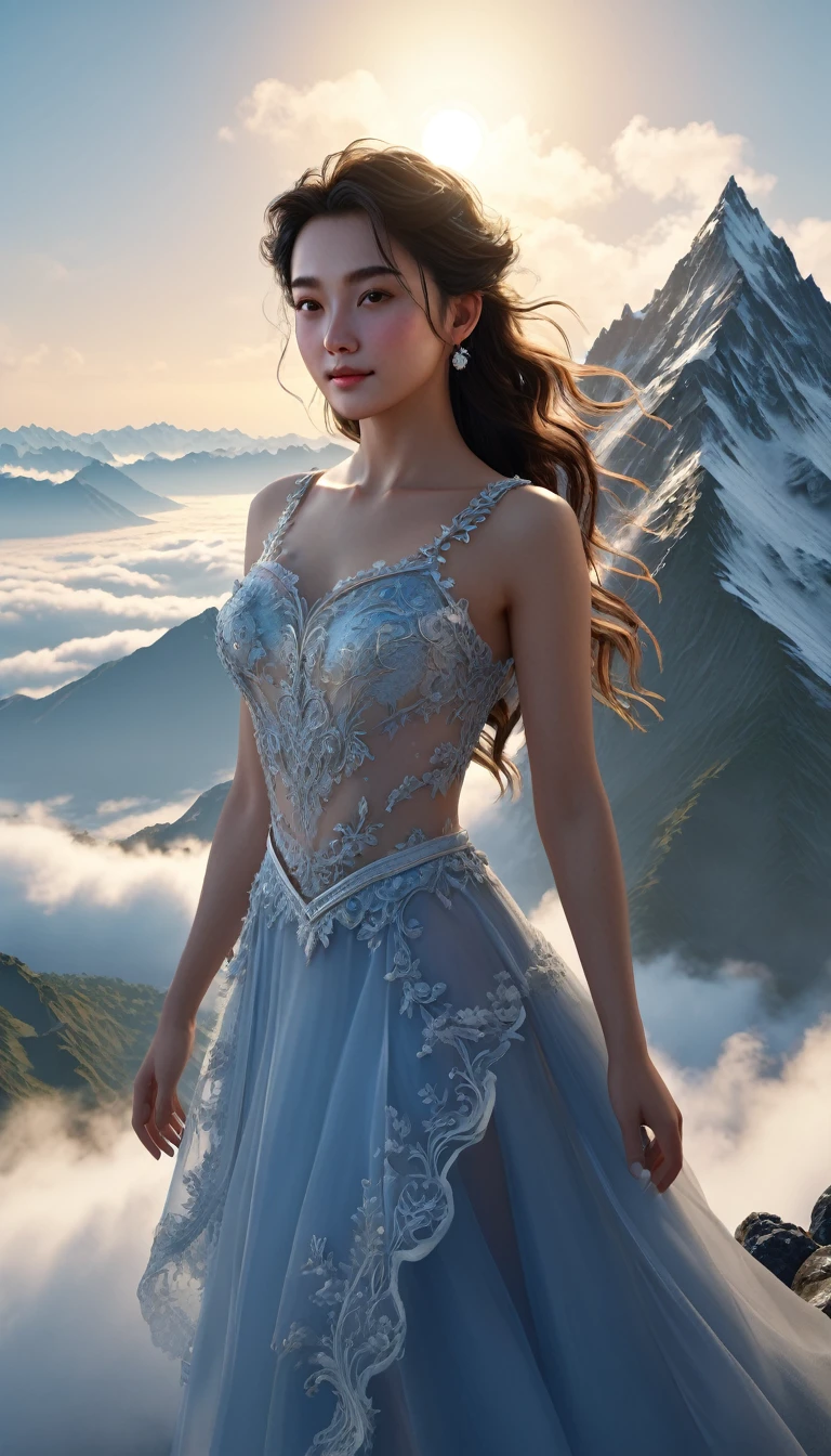 (Highly detailed CG Unity 8k wallpaper、masterpiece、of the highest quality、Super detailed)、(better lighting、best shadow、very delicate and beautiful)、of the highest quality、8k、Detailed facial representation、masterpiece、of the highest quality、clear image quality、
standing on top of a mountain、The sea of clouds is a mountain々Let me&#39;Take time-lapse photos of the crowd。