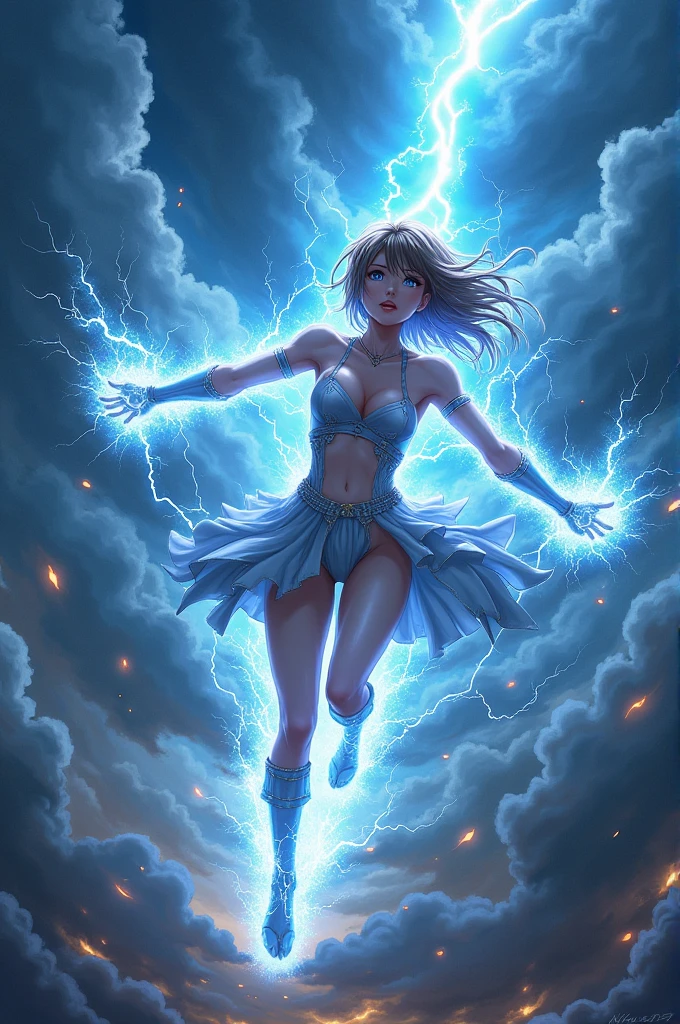 Create an anime character throwing thunder into the sky while flying