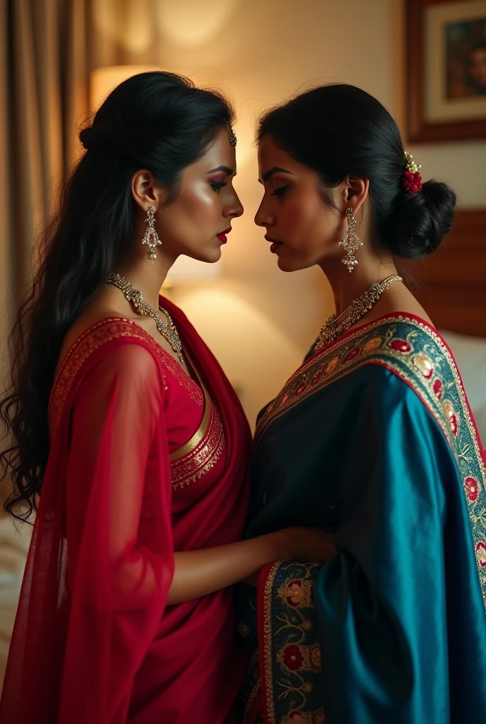 First wife in red saree and second wife in blue saree stare each other with hate in bedroom