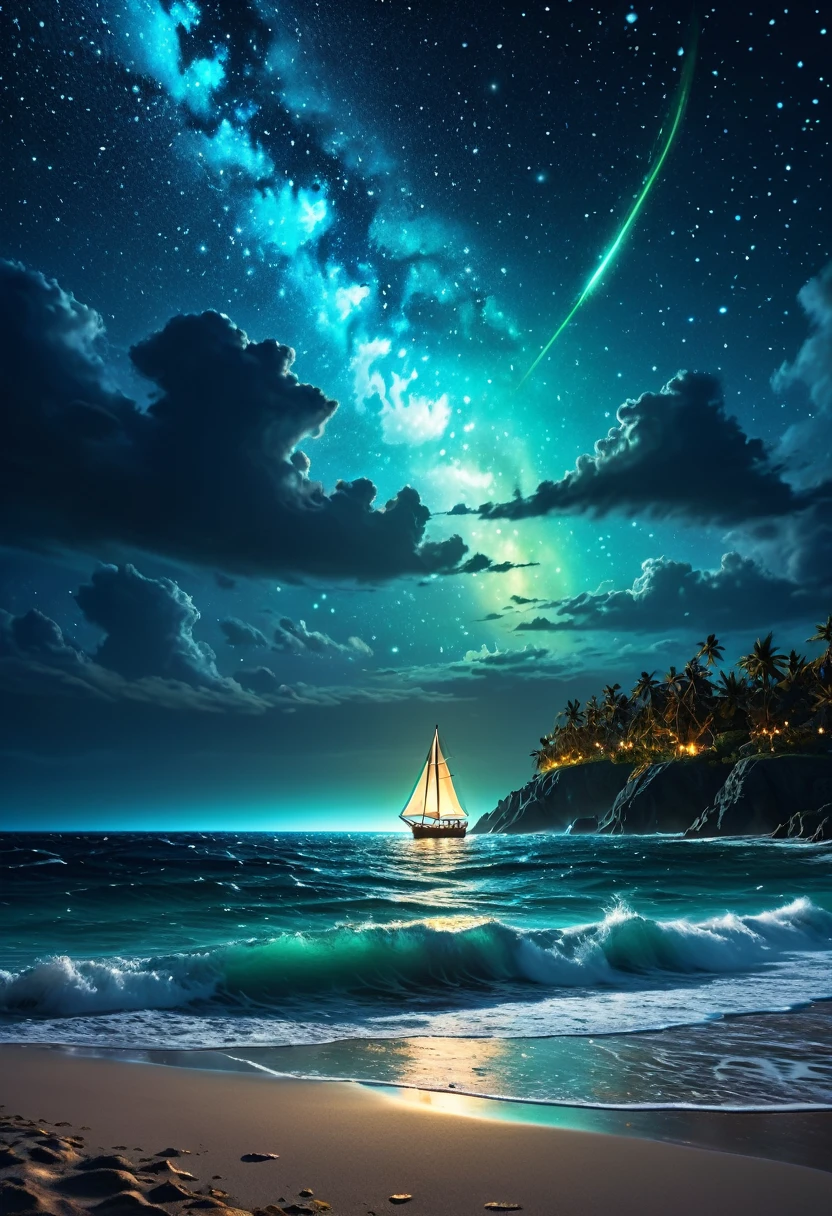 a beautiful night colorfull sky full of glowing stars, a glimmering sea with crashing waves, bioluminescent plankton, a lone sailing ship in the distance, fantasy, surreal, dreamlike, dramatic shadows, (best quality,4k,8k,highres,masterpiece:1.2),ultra-detailed,(realistic,photorealistic,photo-realistic:1.37),fantasy landscape,dramatic lighting,vibrant colors,ethereal,atmospheric