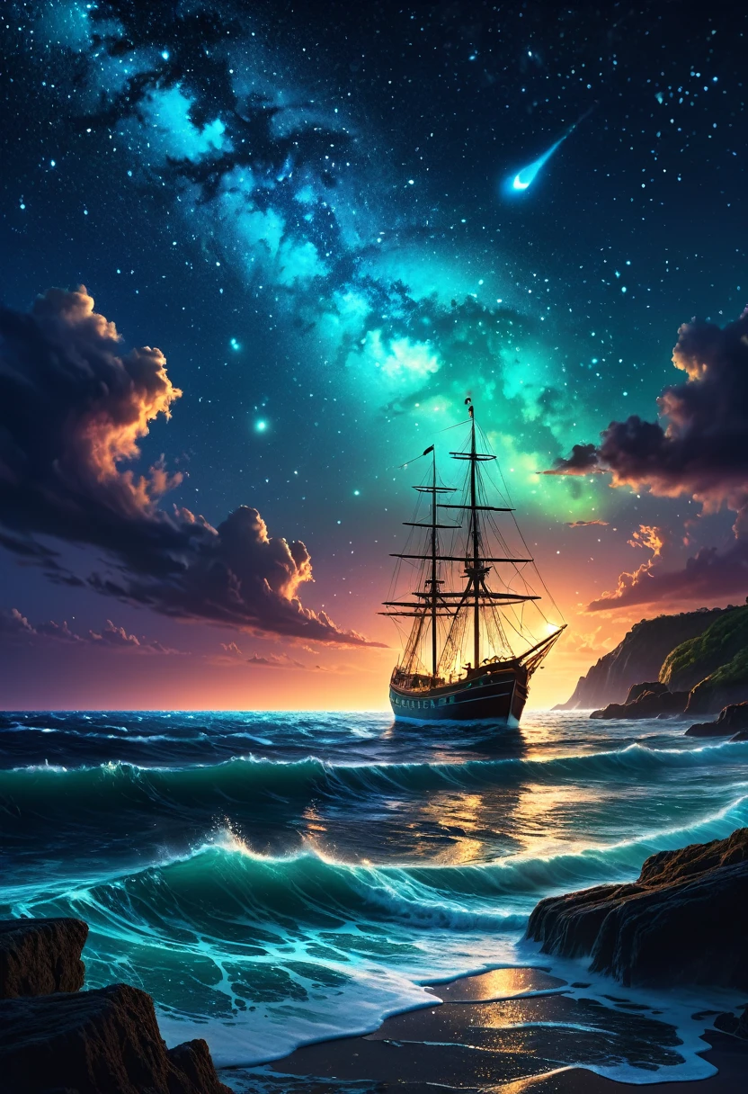 a beautiful night colorfull sky full of glowing stars, a glimmering sea with crashing waves, bioluminescent plankton, a lone sailing ship in the distance, fantasy, surreal, dreamlike, dramatic shadows, (best quality,4k,8k,highres,masterpiece:1.2),ultra-detailed,(realistic,photorealistic,photo-realistic:1.37),fantasy landscape,dramatic lighting,vibrant colors,ethereal,atmospheric