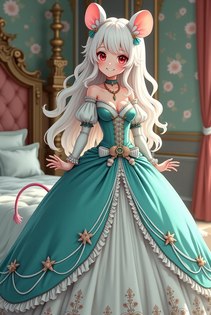 (best quality,4k,8k,highres,masterpiece:1.2), ultra-detailed, Pretty albino girl has a princess, drawn in 2D anime style, steampunk, wearing a iridescent turquoise and white princess gown with puffy sleeves, steampunk, gorgeous frilly dress design,flowing gown, elaborate lace details,rich textures,contrast stitching,delicate ribbon bows, seashells embroidery, full skirt with ocean wave pattern,short sleeves,fitted waistline,flared cuffs,lace-up back,luxurious fabrics,flawless silhouette, long curly white hair and red eyes, white fur, smiling, mouse ears and tail, ribboned high heels, white elbow evening gloves, gold bracelets, tiara made of seashells, beautifully detailed lips with lipstick, long eyelashes, eyeshadow, seashell necklace, in a castle bedroom with intricate decoration and luxurious furniture, flower wallpaper, she is happily checking her new princess dress.