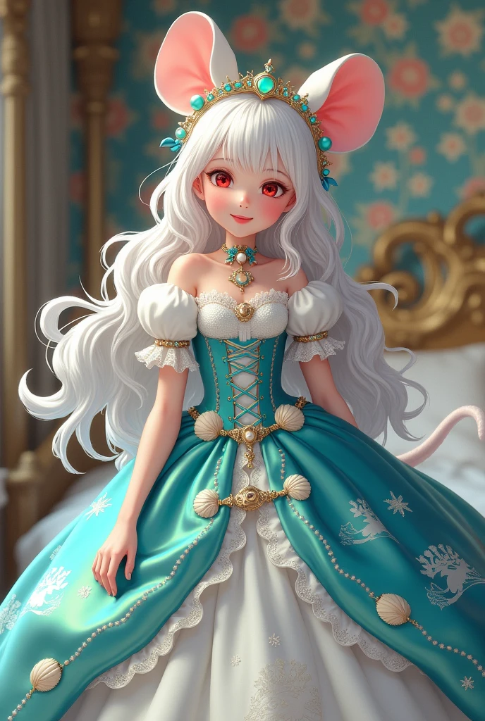 (best quality,4k,8k,highres,masterpiece:1.2), ultra-detailed, Pretty albino girl has a princess, drawn in 2D anime style, steampunk, wearing a iridescent turquoise and white princess gown with puffy sleeves, steampunk, gorgeous frilly dress design,flowing gown, elaborate lace details,rich textures,contrast stitching,delicate ribbon bows, seashells embroidery, full skirt with ocean wave pattern,short sleeves,fitted waistline,flared cuffs,lace-up back,luxurious fabrics,flawless silhouette, long curly white hair and red eyes, white fur, smiling, mouse ears and tail, ribboned high heels, white elbow evening gloves, gold bracelets, tiara made of seashells, beautifully detailed lips with lipstick, long eyelashes, eyeshadow, seashell necklace, in a castle bedroom with intricate decoration and luxurious furniture, flower wallpaper, she is happily checking her new princess dress.