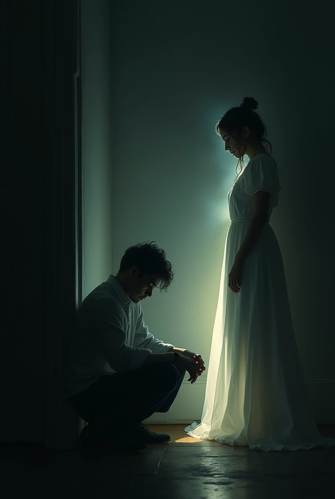 A man sits in a dark corner, surrounded by shadows. A woman stands beside him, her presence glowing softly, bringing light to his darkness and easing his worries.