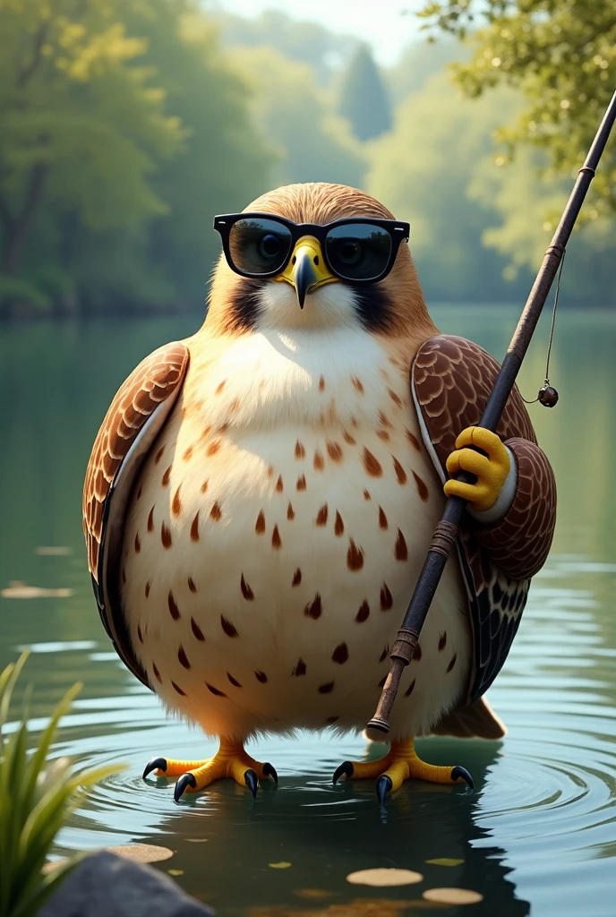 Very obese falcon with sunglasses and a fishing rod 