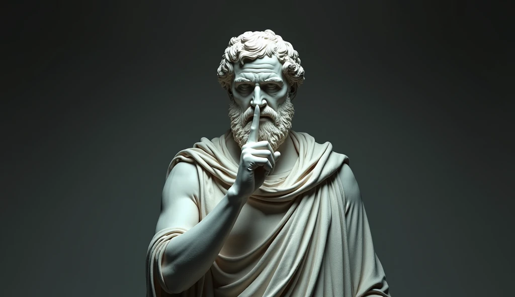 A realistic Greek white marble statue of Aristotle, brave and scary, detailed wearing a ghostly toga, neutral background, temperamental, , photorrealistic, Horror Movie Dinner, super detailed, hyper realist, darkness background, putting your finger on your mouth as a sign of silence, serious face