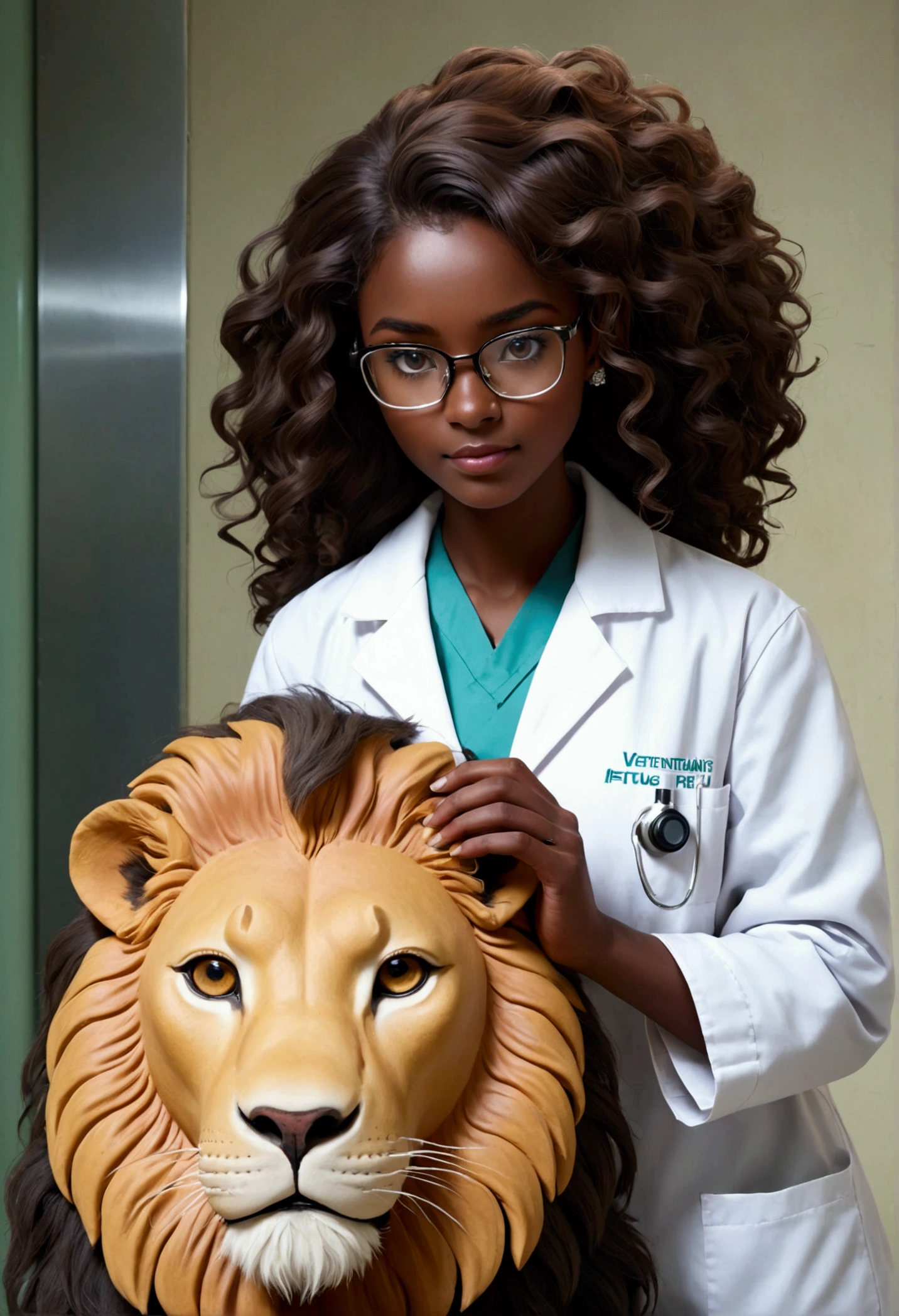 20 year old woman who is a veterinarian taking care of a lion. She wears a veterinary lab coat and has dark skin.,very long, curly, dark hair, wears glasses and jewelry