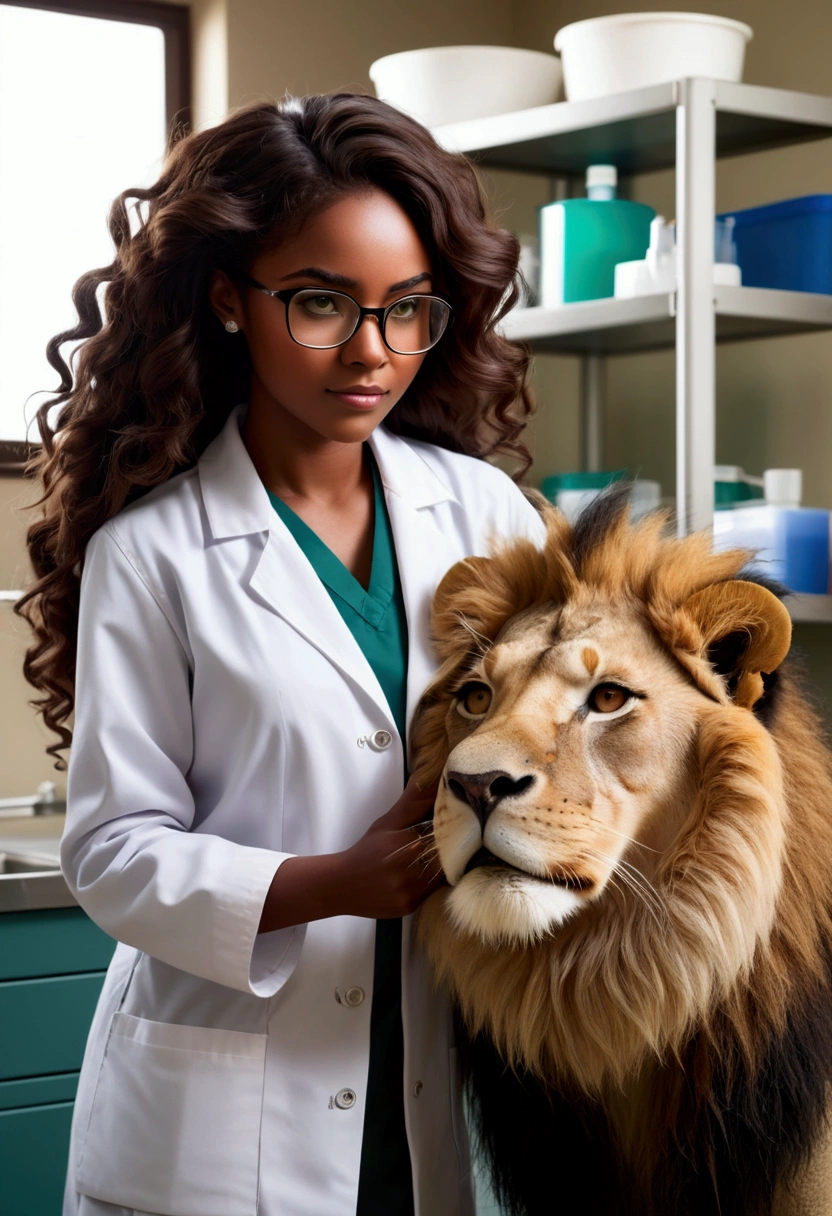 20 year old woman who is a veterinarian taking care of a lion. She wears a veterinary lab coat and has dark skin.,very long, curly, dark hair, wears glasses and jewelry