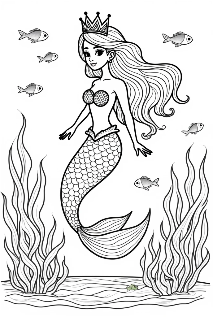 Stress-free coloring, page with image of mermaid princess under the sea, style cartoon, linhas grossas, uncolored, totally white background, only lines. Beautiful appearance.
