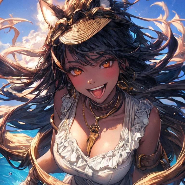 Beautiful werewolf girl with light skin and long golden hair, with brown eyes and large breasts, uhd, textured leather, super detail, high quality,