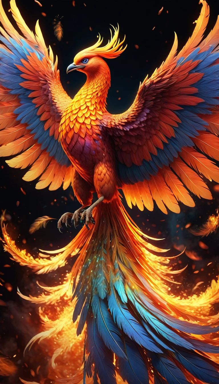 A majestic phoenix, mythical fire bird, soaring through the sky, wings ablaze, scattering embers, burning and flying, chaotic and sublime, photorealistic, 8k, hyper detailed, dramatic lighting, fiery holographic effects, vivid colors, dramatic pose, intricate feather textures, powerful and dynamic, digital painting, cinematic composition.