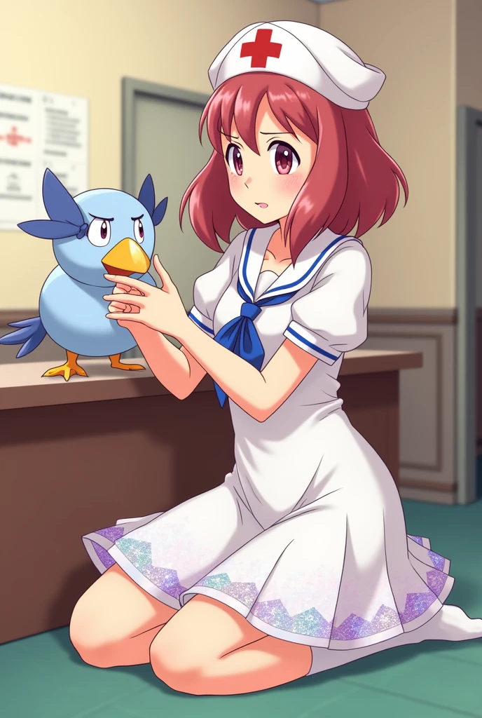 pokemon nurse joy, examining a starly, Sailor with a nurse's cap and a white dress, in dress, run, cute anime waifu with a nice dress., I will also make fanart., Arte Zerochan, madeline de celeste, retro anime girl, Misty de Pokemon, squid girl female pink humanoid, !!Whole body portrait!!, Whole body!, High quality fanart, in a shiny skirt