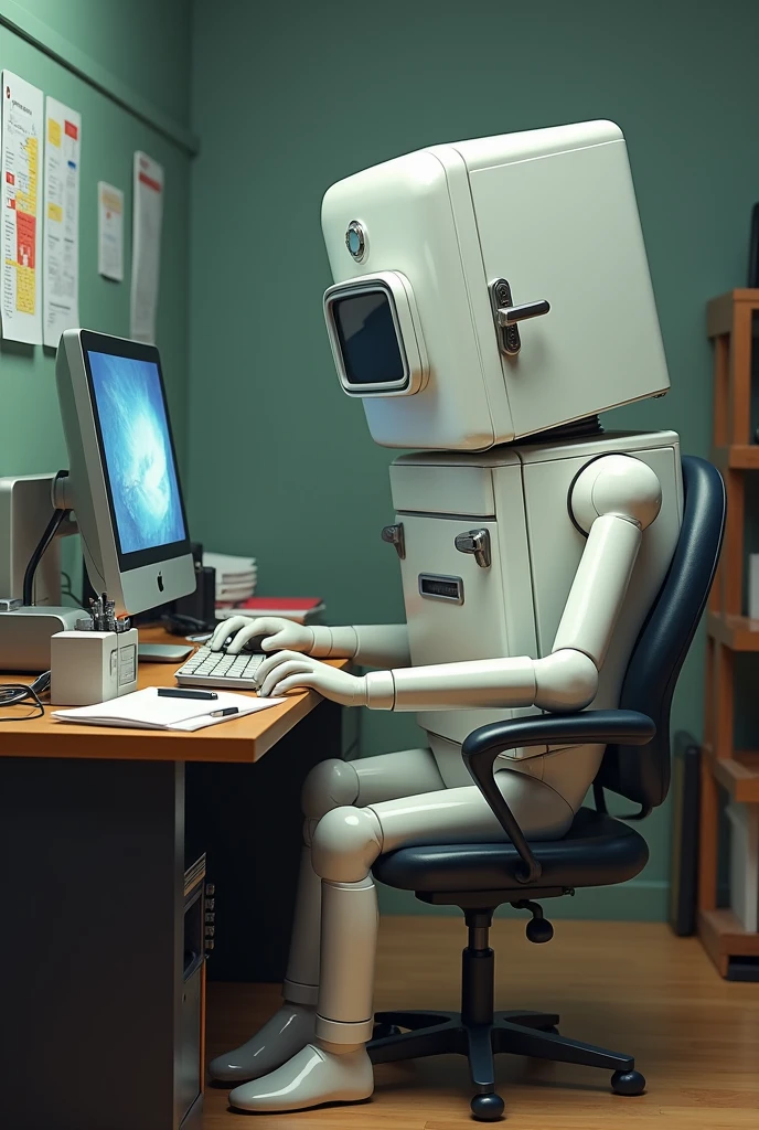 Refrigerator man playing on computer