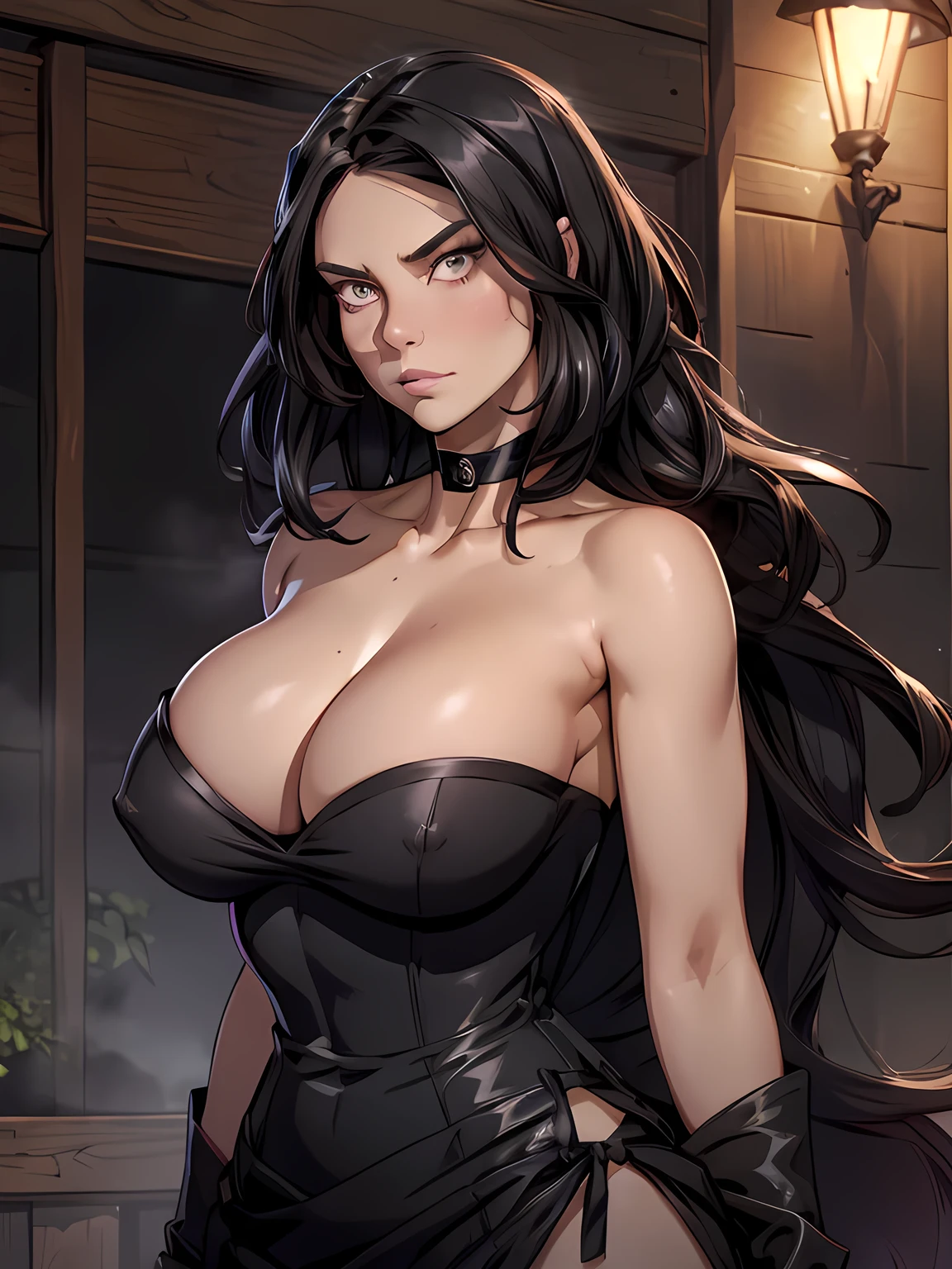 (Lauren Cohan face), enchanted glowing eyes, hair combed to sides, layered haircut, de terno preto, long hair flows to her back, hair flows straight down, black hair, Ultrarealistic Violet eyes, both eyes are similar, (big round breasts), deep cleavage, Ultrarealistic juicy round butt, thick thighs, black Corset outfit in anime format with a serious style, ((black strapless dress)), Ruby black velvet choker, grey tights, black boots, gothic make up, masterpiece, puffy lips,slendered toned abs, beautiful detailed face, beautiful detailed eyes, beautiful detailed lips, super detailed breasts, super detailed nipples, open horse stable, pile of hay, farm, sagging breasts
