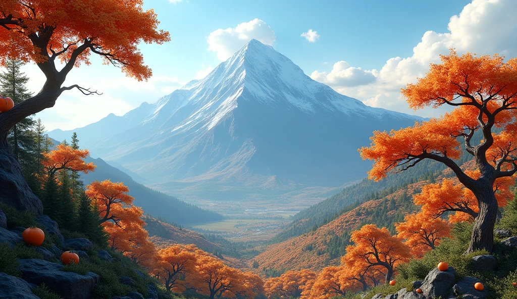 Front view，There is a mountain with many persimmon trees growing on it.（best quality，4K，8k，High level，masterpiece：1.2），Ultra Detailed，（lifelike，Photo real，Photo real：1.37）