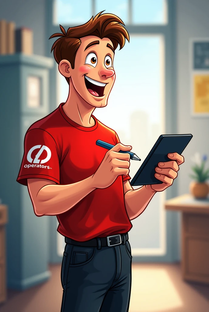 Disney style drawing art of a telecom technician man with a red t-shirt and black pants with the operator&#39;s logo clearly on his arm and writing something down on a tablet with an excited look
