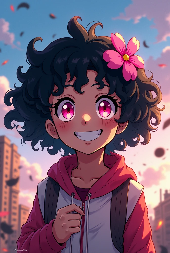 Bnha girl- curly black hair, pink eyes, a flower on the head, smiling, battlefield background