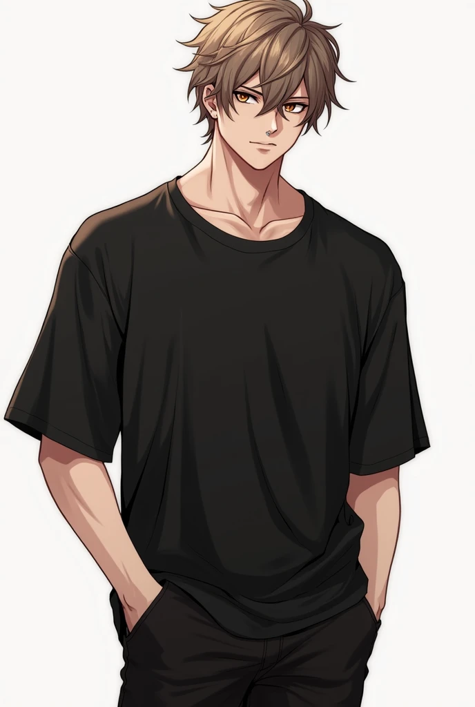 An anime-shaped boy with short messy light brown hair and a sexy nose piercing and light brown eye color wearing a loose black t-shirt and sexy black pants musculoso hombros anchos