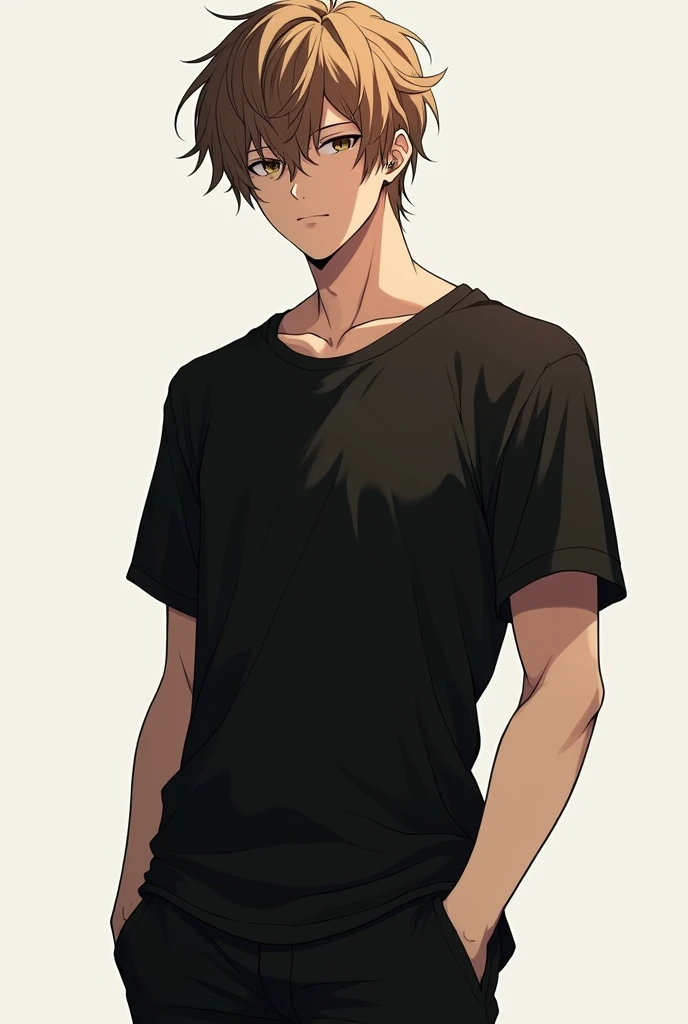 An anime-shaped boy with short messy light brown hair and a sexy nose piercing and light brown eye color wearing a loose black t-shirt and sexy black pants musculoso hombros anchos 