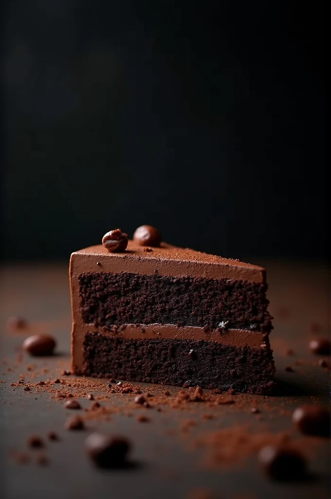 cinematic film still chocolate, chocolate cake, dark background, quality photo, moist texture, frosting, studio photo, slice . shallow depth of field, vignette, highly detailed, high budget, bokeh, cinemascope, moody, epic, gorgeous, film grain, grainy