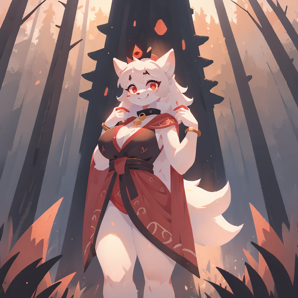 Female white and red kitsune, Mostley white fur, black crown, big breasts, big thighs, big ass, red patterns on body, red swirls on body, red tipped ears, 3 white fluffy tails with red tip attached to back of pelvis, Pretty red eyes, white fur tufts, wearing red and black royal robe that covers her chest and thighs and ass, smile,2d,4k,8k,detailed,hi res,absurd res, collar, in forest, happy, facing the camera, standing, bracelet on left arm, tree background, pretty, thicc, mommy, cult leader, Safe For Work, The Red Crown
