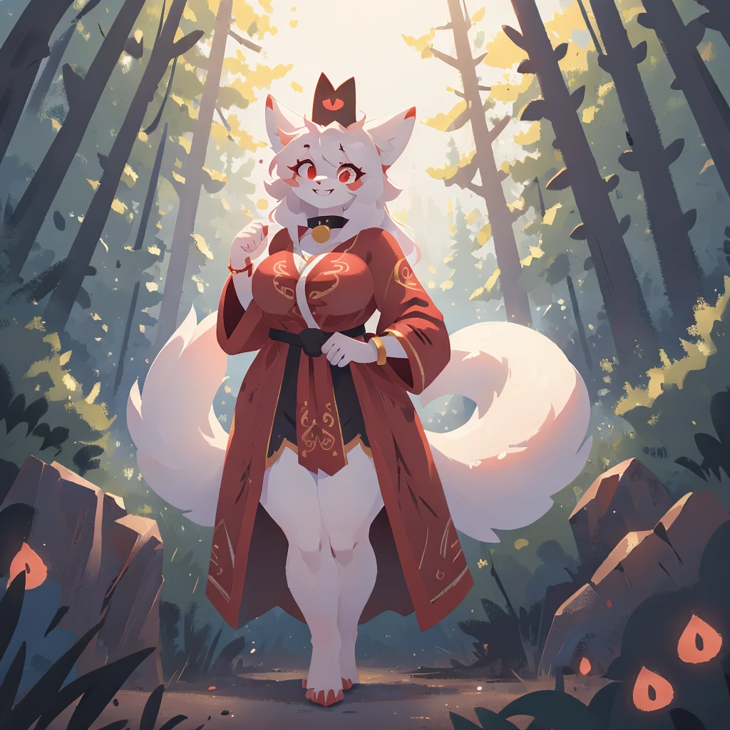 Female white and red kitsune, Mostley white fur, black crown, big breasts, big thighs, big ass, red patterns on body, red swirls on body, red tipped ears, 3 white fluffy tails with red tip attached to back of pelvis, Pretty red eyes, white fur tufts, wearing red and black royal robe that covers her chest and thighs and ass, smile,2d,4k,8k,detailed,hi res,absurd res, collar, in forest, happy, facing the camera, standing, bracelet on left arm, tree background, pretty, thicc, mommy, cult leader, Safe For Work, The Red Crown