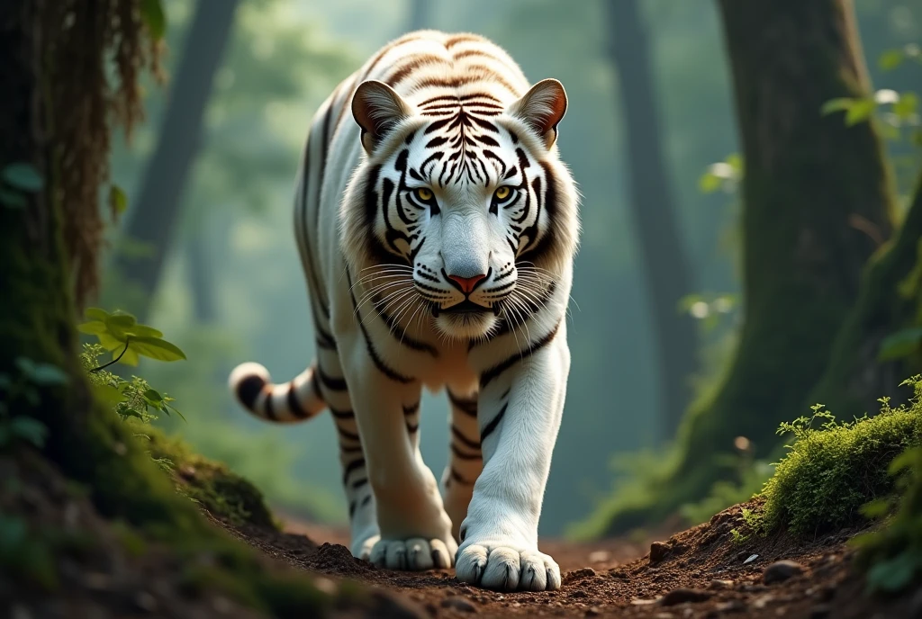 Create a breathtaking, hyper-realistic, AI-generated artwork of a white tiger in its natural forest habitat. The tiger should be depicted facing the camera, with a fierce and intense expression, ready to attack. The scene should capture the dense, verdant forest with a backdrop of thick foliage, towering trees, and dappled sunlight filtering through the canopy.
Include details such as the tiger’s striking white fur, its sharp eyes locked onto the viewer, and the subtle textures of the forest floor. Use natural, earthy tones to depict the forest environment, highlighting the contrast between the tiger’s pale fur and the lush greenery.
The lighting should be dramatic yet natural, with soft shadows enhancing the tiger’s powerful form and the surrounding forest. The style should be hyper-realistic yet artistic, focusing on the white tiger’s commanding presence and the wild beauty of its natural habitat. The final artwork should be high-resolution and visually impactful, capturing the intensity and majesty of the white tiger in the heart of the forest.