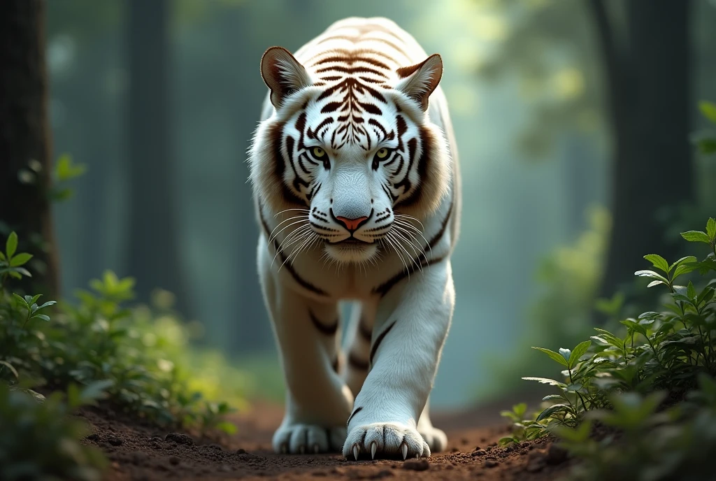 Create a breathtaking, hyper-realistic, AI-generated artwork of a white tiger in its natural forest habitat. The tiger should be depicted facing the camera, with a fierce and intense expression, ready to attack. The scene should capture the dense, verdant forest with a backdrop of thick foliage, towering trees, and dappled sunlight filtering through the canopy.
Include details such as the tiger’s striking white fur, its sharp eyes locked onto the viewer, and the subtle textures of the forest floor. Use natural, earthy tones to depict the forest environment, highlighting the contrast between the tiger’s pale fur and the lush greenery.
The lighting should be dramatic yet natural, with soft shadows enhancing the tiger’s powerful form and the surrounding forest. The style should be hyper-realistic yet artistic, focusing on the white tiger’s commanding presence and the wild beauty of its natural habitat. The final artwork should be high-resolution and visually impactful, capturing the intensity and majesty of the white tiger in the heart of the forest.