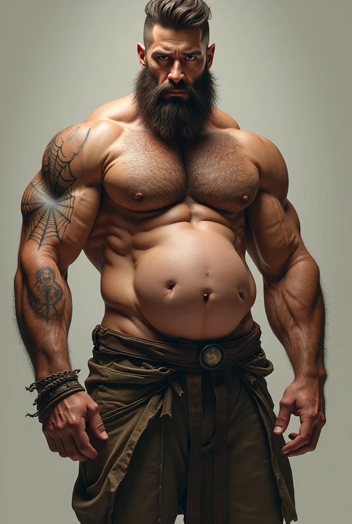 A male, with very strong and veined arms, very hairy chest, with marked abdomen, a very penetrating look, eyes the color of honey, with beard, a tattoo on the left elbow of a spider web, redhead, naked, showing his huge fat penis, with large testicles