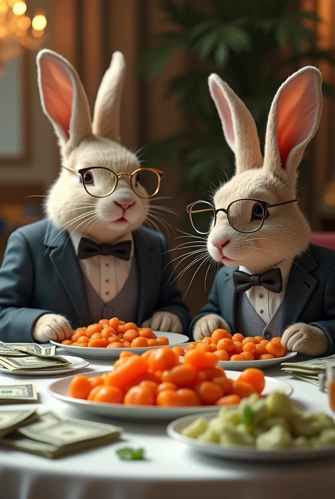 Rabbits eating carrots in restaurant while heaps of cash are placed on side in dishes and they are very happy