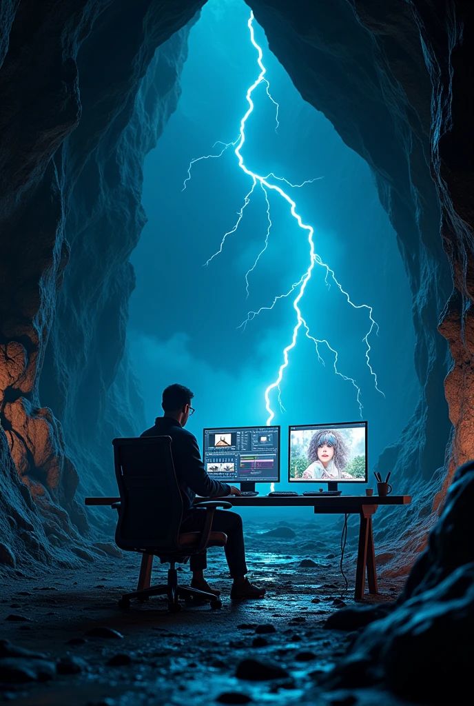 (photorealism:1.2), video editor, cave, lightning objects, interactives objects, dark, light, bright