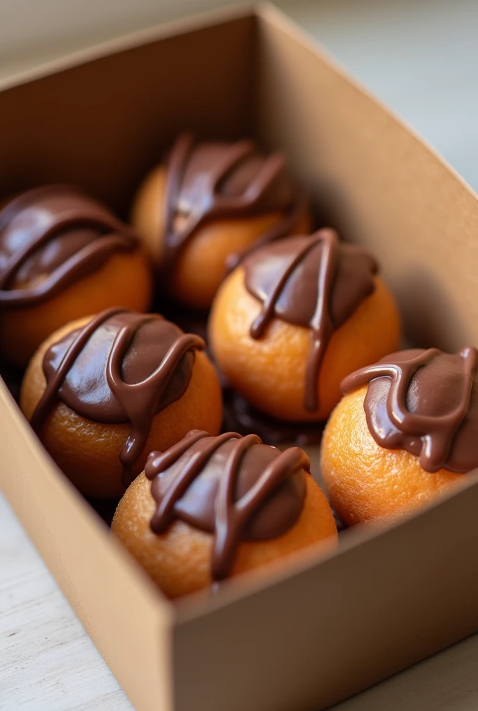 small mochi donut ball with melted chocolate topping , there is 5 in a box, the donut is ball shaped, the donut is drizzled and covered with melted chocolate