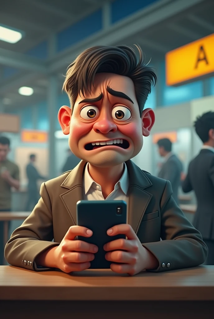 frustrated man booking railway ticket while mobile have own eyes & mouth,mobil is laughing with own mouth & eyes at him
