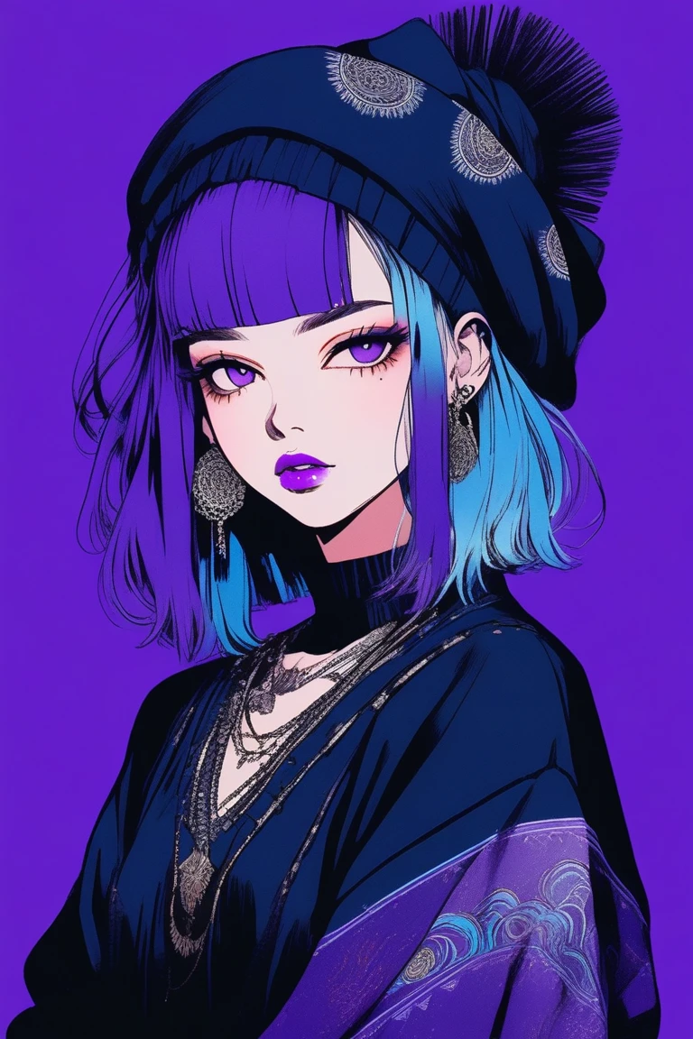 (Best quality, sketch:1.2),realistic,illustrator,anime,1 girl, detailed lips,sweater,custom,Blue gradient background,neon hair,Textured trim,Kazakh girl in national headdress, masterpiece, retro classic style, темно-black, full body art, sketch book, (purple bob hair:1.35, black:1.55)