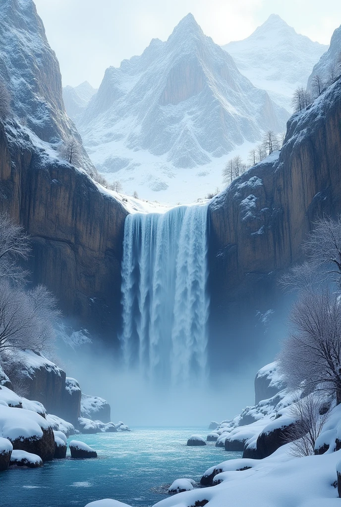 A waterfall flowing through the mountains snow coverings mountain a winter scene