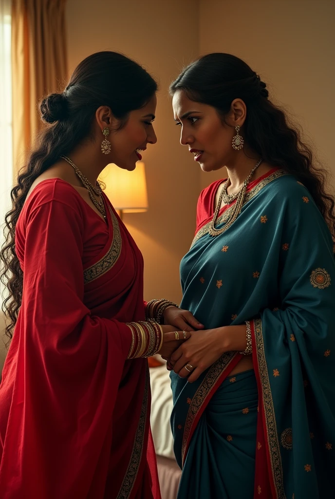 First wife in red saree and second wife  in blue saree fight each other with hate in bedroom
