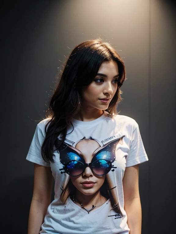 A strikingly stylish woman wearing custom designed tshirt, tshirt has magic design, elements of magic on tshirt
