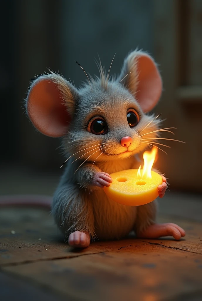 I want you to make a sad stuffed animal that is a mouse with a cheese in its hand that is on fire.