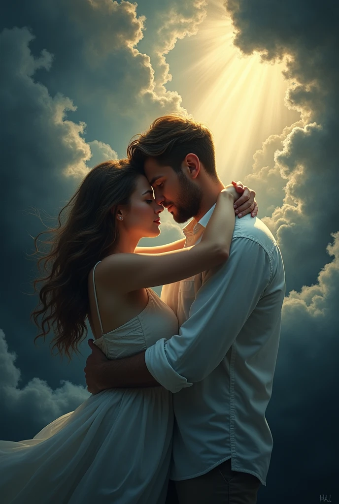 A woman embraces a man surrounded by swirling dark clouds. Her embrace causes the clouds to break apart, revealing a clear sky and bright light.