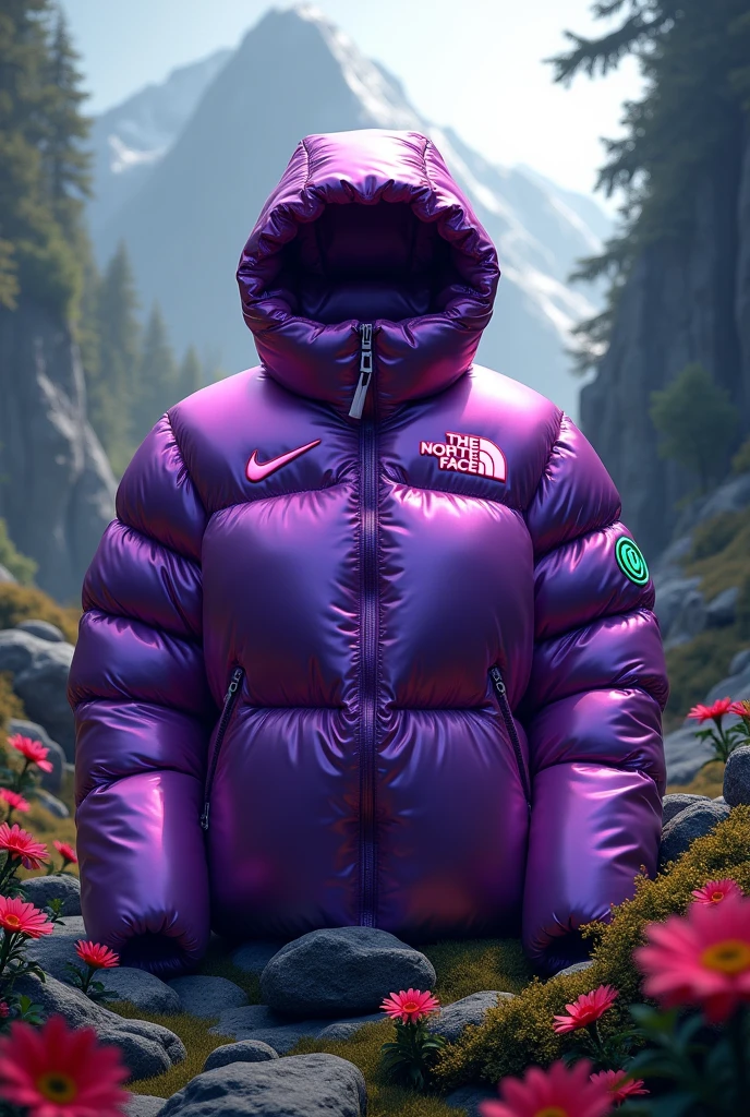 Create a hyper-realistic image that highlights a chunky puffer jacket in a metallic purple hue, with soft sheen that enhances the quilted texture. The jacket should display the Nike logo on the right shoulder and The North Face logo on the left side of the chest, as well as small neon symbols such as a green smiley and a stylized target sight.
Setting: Place the jacket in a natural environment with a dense and shady forest, surrounded by rocks and towering mountains in the background. Include areas of swiddens and vibrant colorful flowers scattered around, creating a fusion between the vegetation and the rocky environment.
Lighting: Lighting should be soft, highlighting the details of the jacket with rays of light filtered through the trees and illuminating the flowers. The light should create a futuristic and mysterious atmosphere.
Additional Detail: Add rocks and mountains to the background, creating a contrast with the modernity of the jacket and reinforcing the feeling of a grandiose and natural setting.