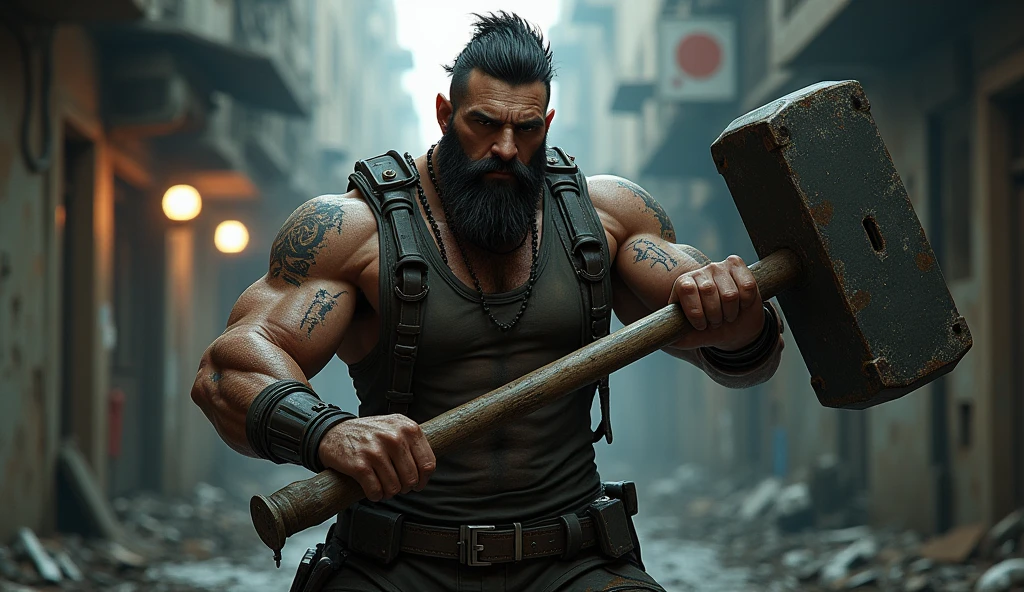 cyberpunk 2077 Man With cybernetic implants in his head and eyes, Serious face, muscular bearded, with a sledgehammer and several scars, Hairy, dirty alley