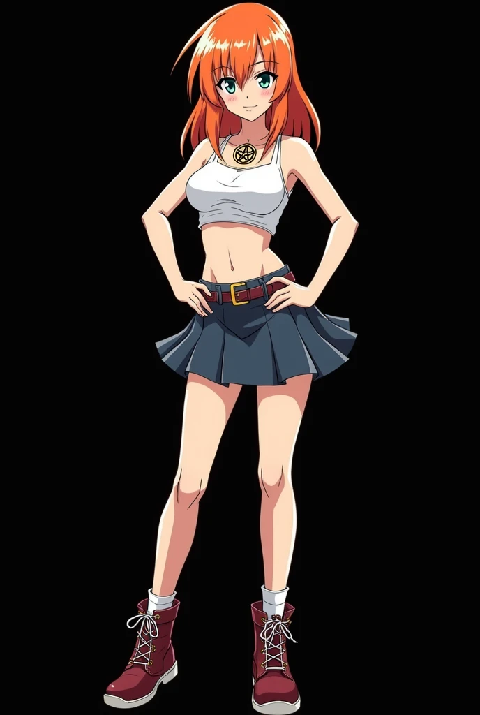 A full body image of an 1 girl named Hana Watanabe, personagem do anime "dragonball z", she is very beautiful, with medium length straight fire-colored hair with two white highlights in the front, framing your face. She has blue-green eyes and pale skin.. she is a Wiccan, she is in fighting pose. she wears a pentagram necklace, um croped, overskirt, ¾ socks and women's ankle boots. It is drawn with Akira Toryama's animation. black backdrop.