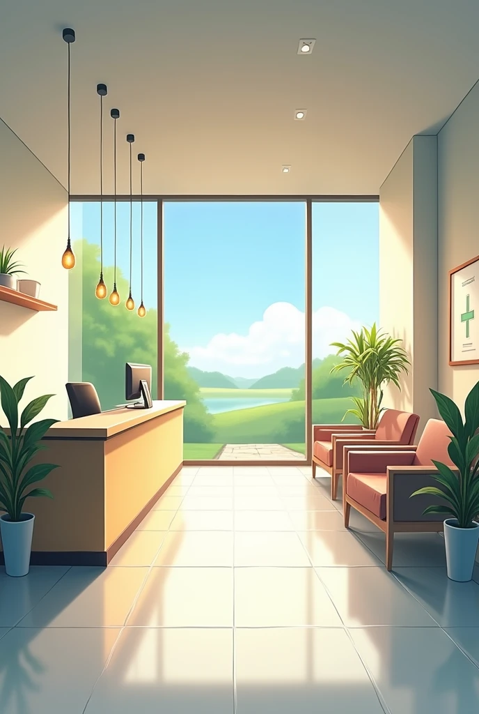 Anime style art of a hospital reception, without people 