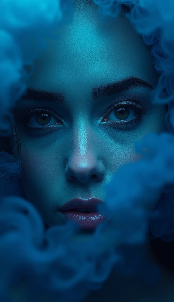 A majestic work of art, a commissioned woman, intrincately detailed, with an, penetrating gaze emanating from his uniqueness, striking eye, in an ethereal setting, swirling blue smoke that seems to move and wave as if it were alive, illuminated by a cinematic lighting scheme that casts dramatic shadows, high contrast shadows and highlights, evoking a sense of mystery and the supernatural, with each element expertly rendered in an exquisite, high-definition details, exuding a sense of artistic mastery and visual sophistication.